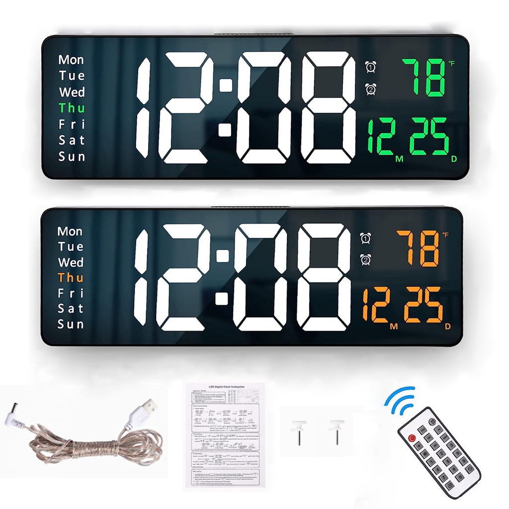 16.2” Digital Wall Clock Large Display LED Digital Clock with Temperature and Auto Dimming Easy Track The Time Date and Day of Week with Remote Control jam dinding 挂钟