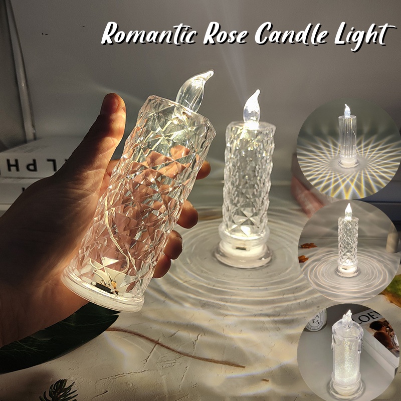 Rose Diamond LED Candle Light Glowing Flameless Electronic Crystal Lamp Rose Projection Desk Night Light Room Party Atmosphere Lamp Creative Decor