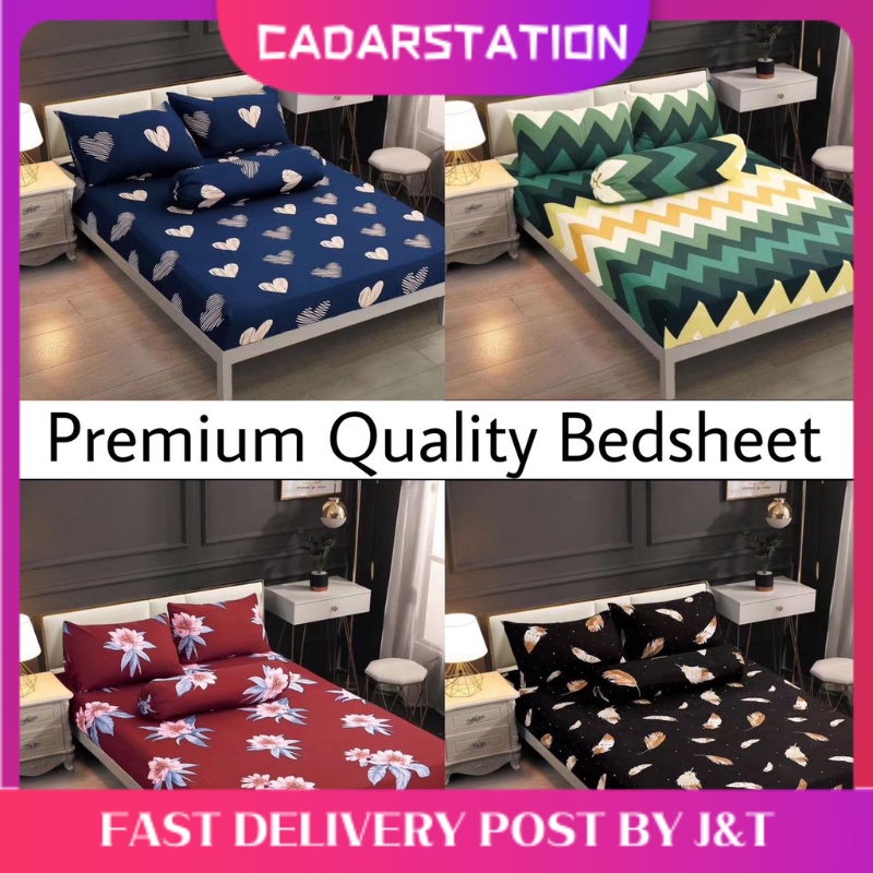 CS_ #1 Premium Quality Bedsheet 4in1 King Queen/2in1 Single Cotton Fitted Bedsheet Set Cadar Getah Keliling Sarung