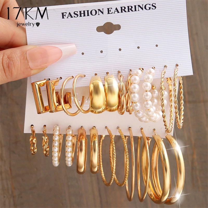 17KM Elegant Gold Silver Square Hoop Earring Set Pearl Heart Earrings for Women Jewelry Accessories