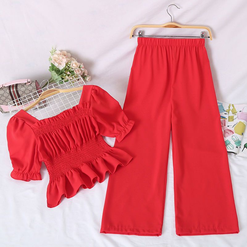 Women's Chiffon Suit 2023 New Online Influencer Refined Fashionable Wide Leg Pants Slimming Slim Fit Versatile Top Two-Piece Set