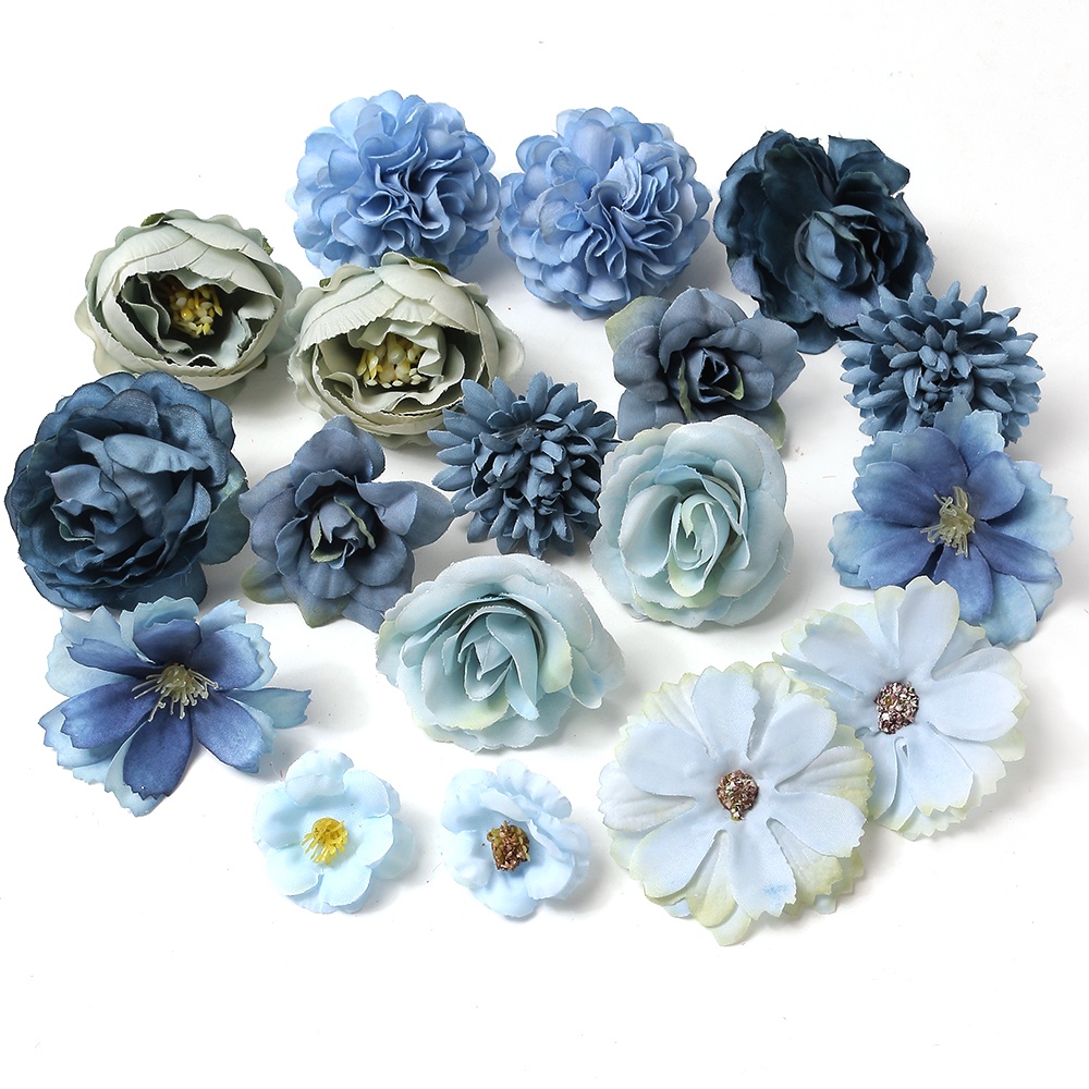 【Aesthetic Combination】20 PCS Different Artificial Flowers Heads Blue Ball Chrysanthemum Peony Rose Hydrangea Artificial Flower Home Wedding Decoration DIY Cake Craft Garland Gift