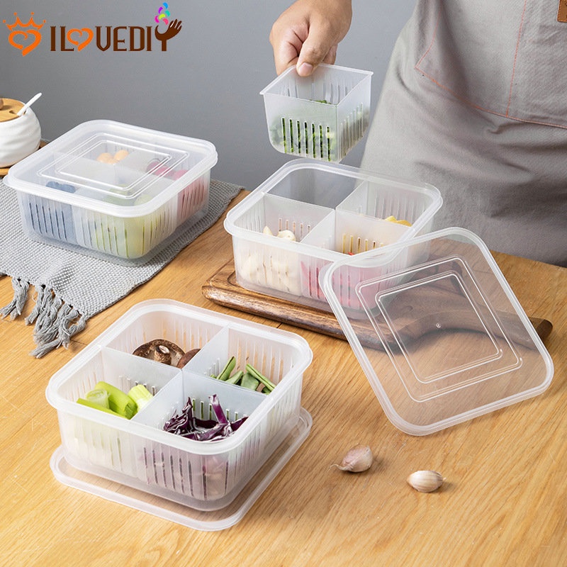 Fruit Vegetable Freshkeeping Box Four Girds Design Draining Case Snack
