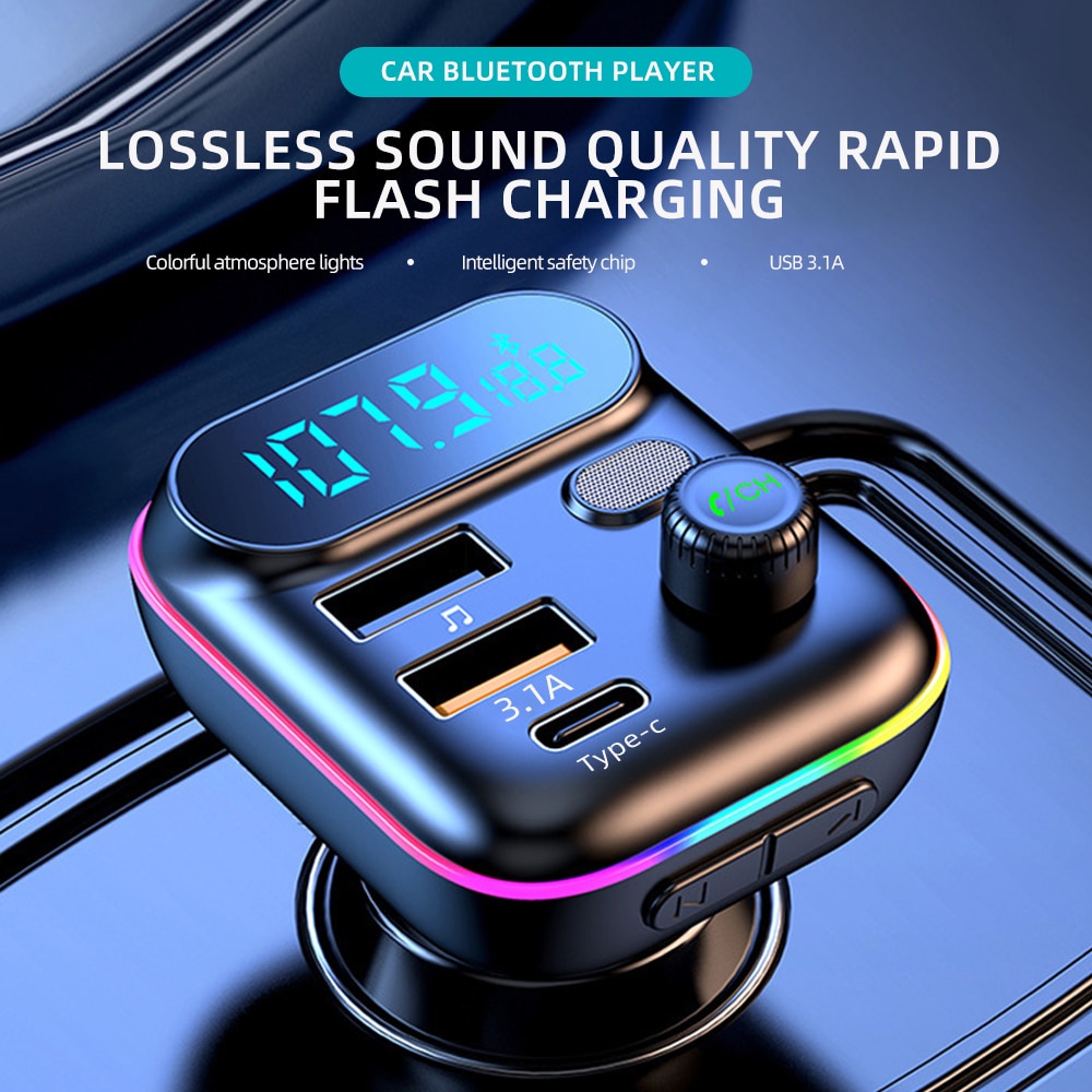 Car Bluetooth 50 Fm Transmitter Qc30 Pd Type C Dual Usb Car Charger Ambient Light Handsfree 