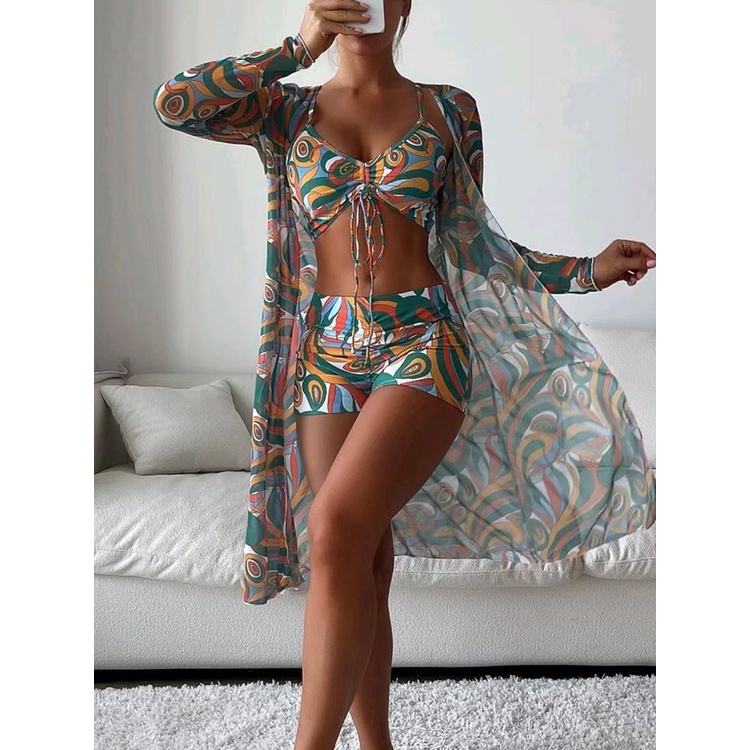 Tropical Allover Print Bikini 3pack Drawstring Ruched Cover Up Women Swimsuit 2023 Long Sleeve Swimwear Beach Wear Bathing Suit