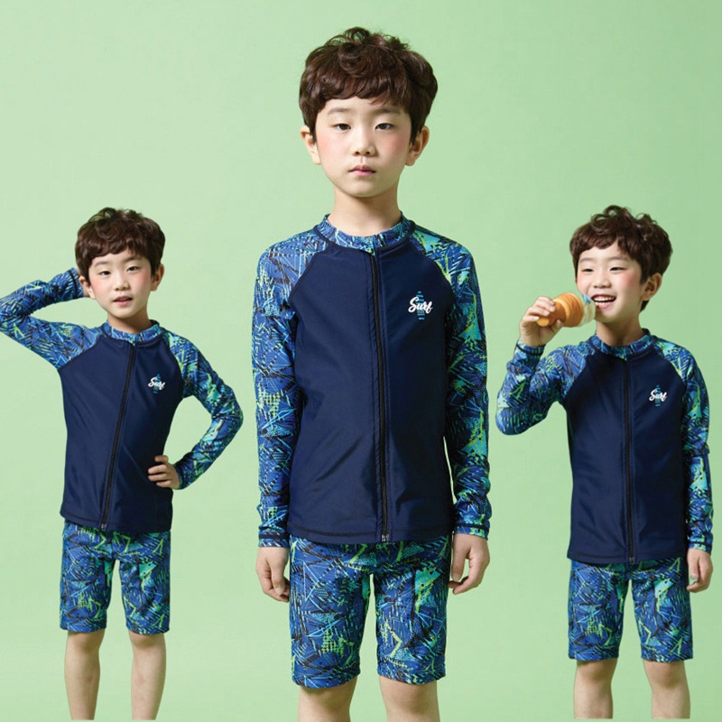 4-11Yrs Kids Boys Sports Swimwear 2pcs Children Boy Split Quick-drying Swimsuits Long Sleeve Top +Medium Pants Tropical Forest Print Students Sun Protection Training Swim Wear with