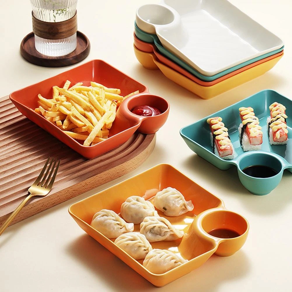 Non-slip Dipping Saucer Sushi Dish Premium Dumpling Plate with Dipping Saucer Cute Square Dumplings Serving Plate Kitchen Tableware Dessert Fruit Plate Gyoza Tray Dinner Tools