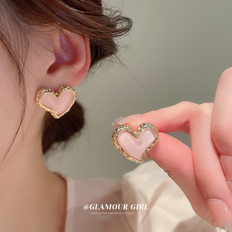 Silver Needle Pink Girl Heart Love Earrings Japanese Korean Summer Fresh Sweet