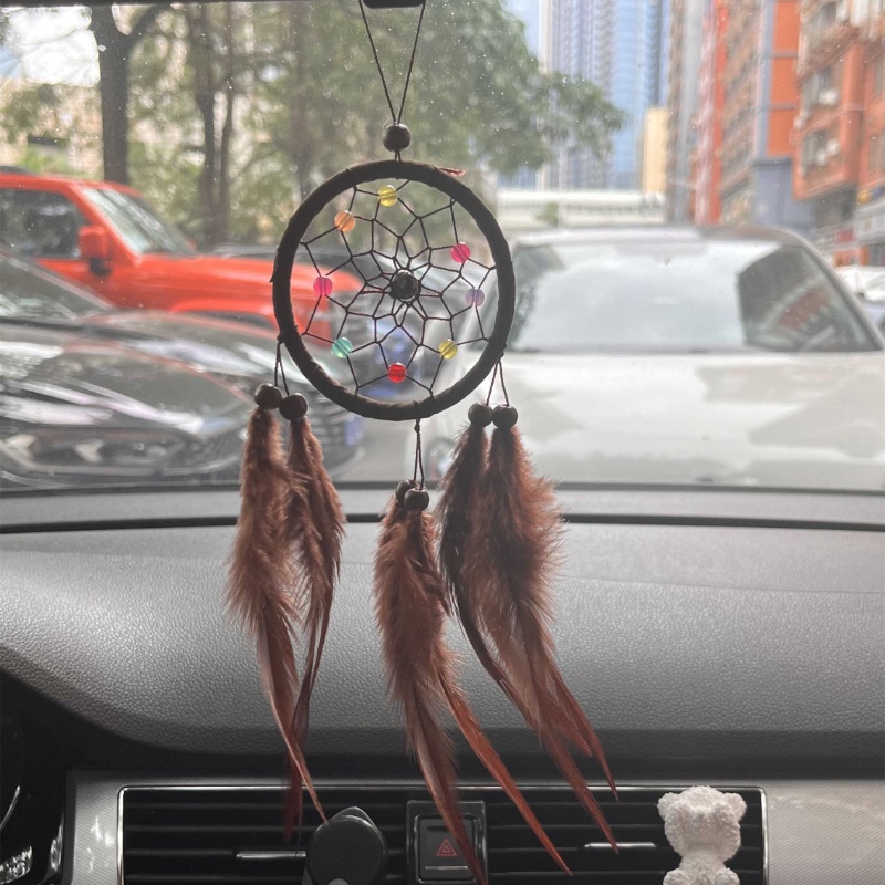 Mini Handmade Indian Feathers Dreamcatcher Car Rear View Mirror Wind Chimes Handicrafts Pendant Car Ornament