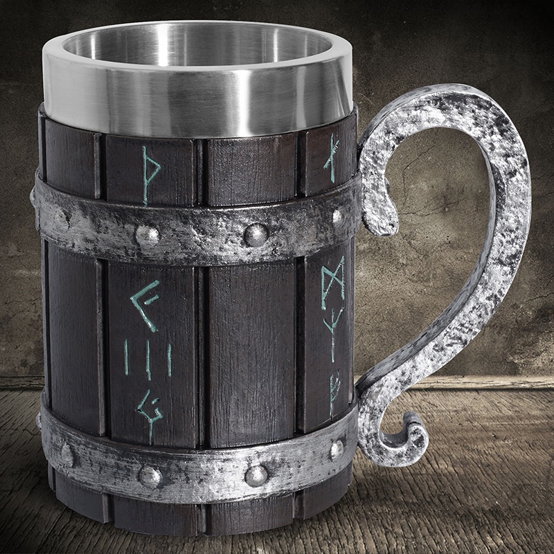 Viking Rune Beer Glasses Jug Stainless Steel Wood Resin 3D Norse Decoration Coffee Cool Gothic Beer Tankard Stone Cup YKD