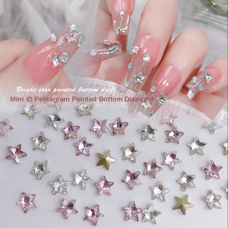 10PC crystal pentagram nail art ornaments / Internet celebrity super flash pointy bottom starfish nail art jewelry / Pink crystal glass nail accessories