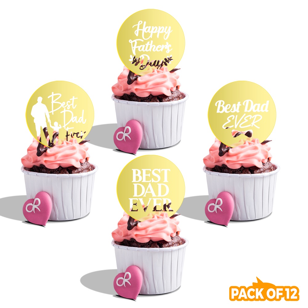 【2023 New Design】Pack Of 12 Pcs Happy Father's Day Best Dad Ever Mirror Acrylic Cup CakeTopper Cake Decoration