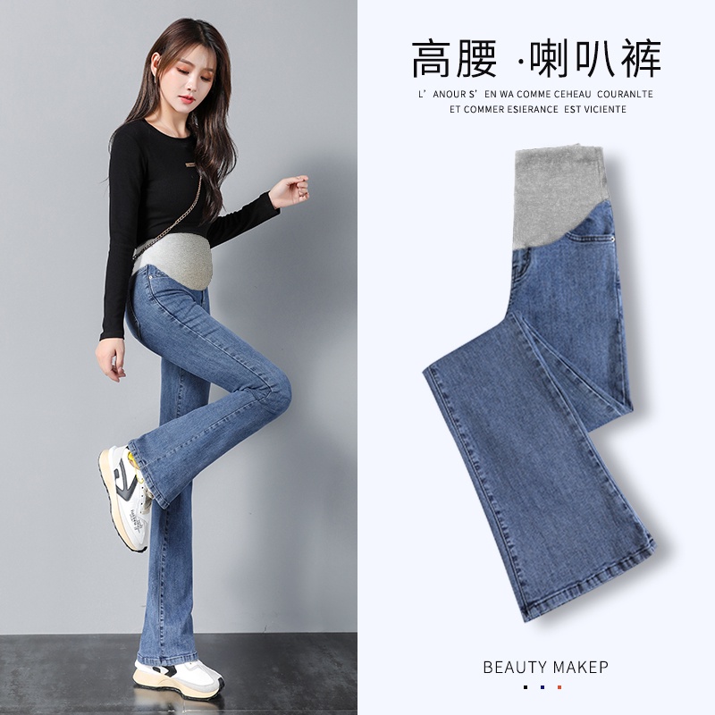 I39077# Maternity Clothings Spring Autumn Stretch Pants Women Wide Leg Denim Maternity Jeans Sport Pregnancy Pants