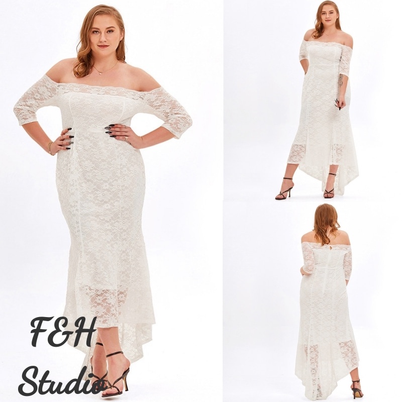 Pre-order High Quality XL-4XL Women Big Size Ballgown Dress Off Shoulder Lace Glam Look Fishtail Plus Size Wedding Party Dress 3245