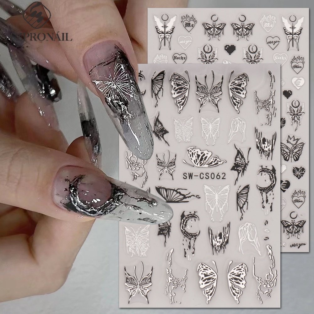 3D Metallic Silver Nail Stickers Butterfly Ink Moon Heart Sliders Charms Lock Dark Black Foils Nail Decor Jewelry Accessory