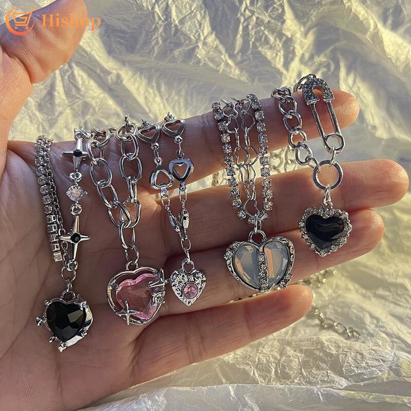 Y2K Silver Necklace Heart Cross Bow Pendant Necklaces Sweet Cool Zircon Pearl Beads Chain Choker Accessories Jewelry