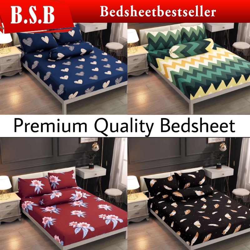 B.S.B #1 Premium Quality Bedsheet 4in1 King Queen/2in1 Single Cotton Fitted Bedsheet Set Cadar Getah Keliling Sarung