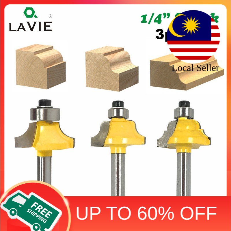 Transform your woodworking with  3-piece router bit set featuring a 1/4" shank, beading, Roman Ogee, and double flute