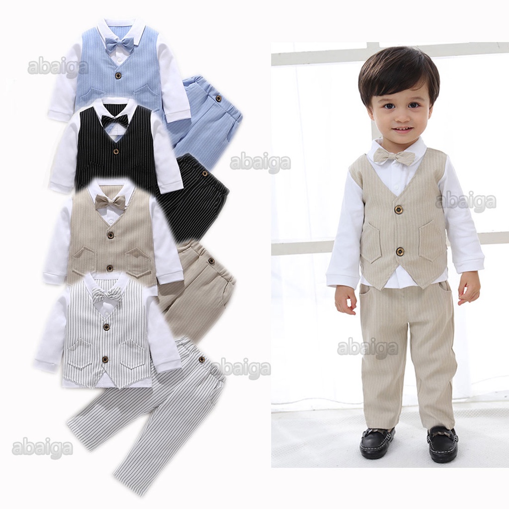 Baby Boy Clothing 1-5 Years Old Gentleman Fake Stripe Vest Suit Pants Kids Boy Shirt Bow Set Birthday Outfit Wedding Tuxedo Formal Party Attire Festival Clothes