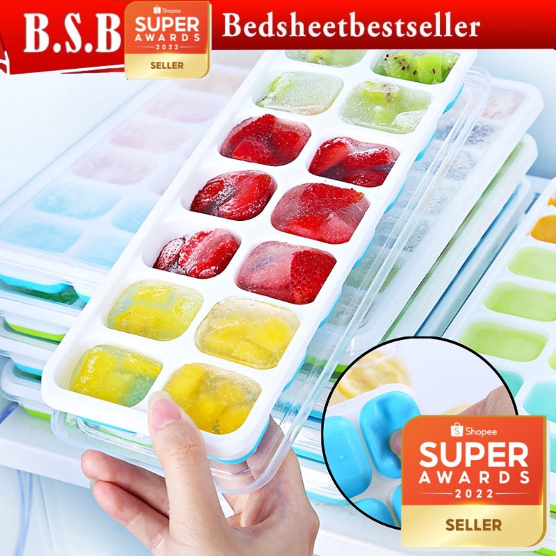 B.S.B 14 Holes Silicone Ice Tray Ice Cube Maker Baby Food Puree Mold Container Lid Bekas Pembuat Ais Batu 硅胶冰格辅食盒