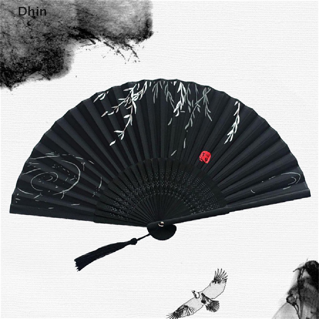 [Dhin] Chinese Silk Folding Fan Shank Classical Dance Fan Home Decoration COD