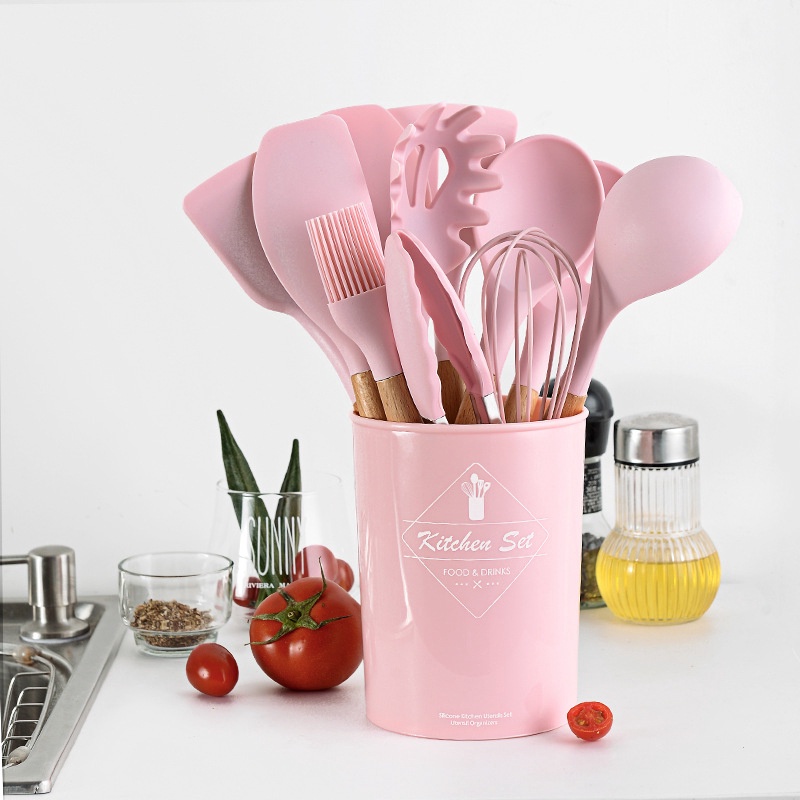 ✿Pink Silicone Kitchen Utensils 11-Piece Set Solid Wood Handle with Storage Bucket Silicone Kitchen Utensils Pink Silicone Kitchen Utensils Solid Wood Handle Kitchen Utensils Frying Spatula Spatula Soup Spoon