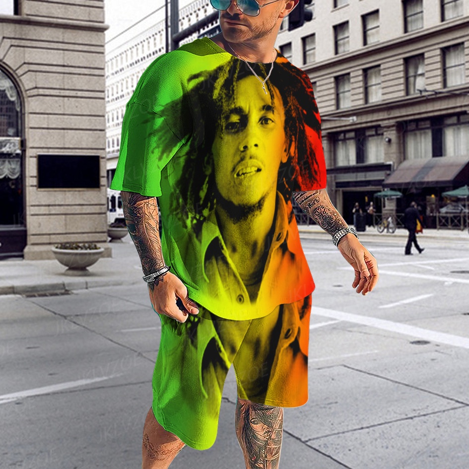 Men's Commemorative Retro T-shirt Set, 3D Printed Bob Marley Loose T-shirt Set, Vinyl T-shirt, Cropped Top, 2 pieces