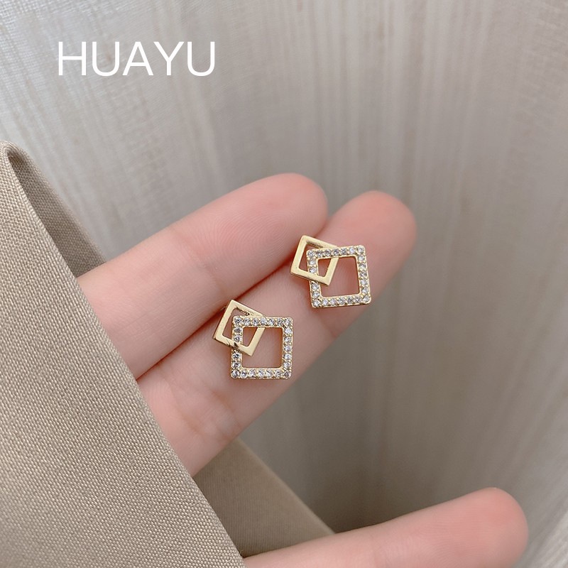 s925 Silver Needle Small Geometric Zircon Square Earrings 2022 New Style Trendy ins Simple Light Luxury Women