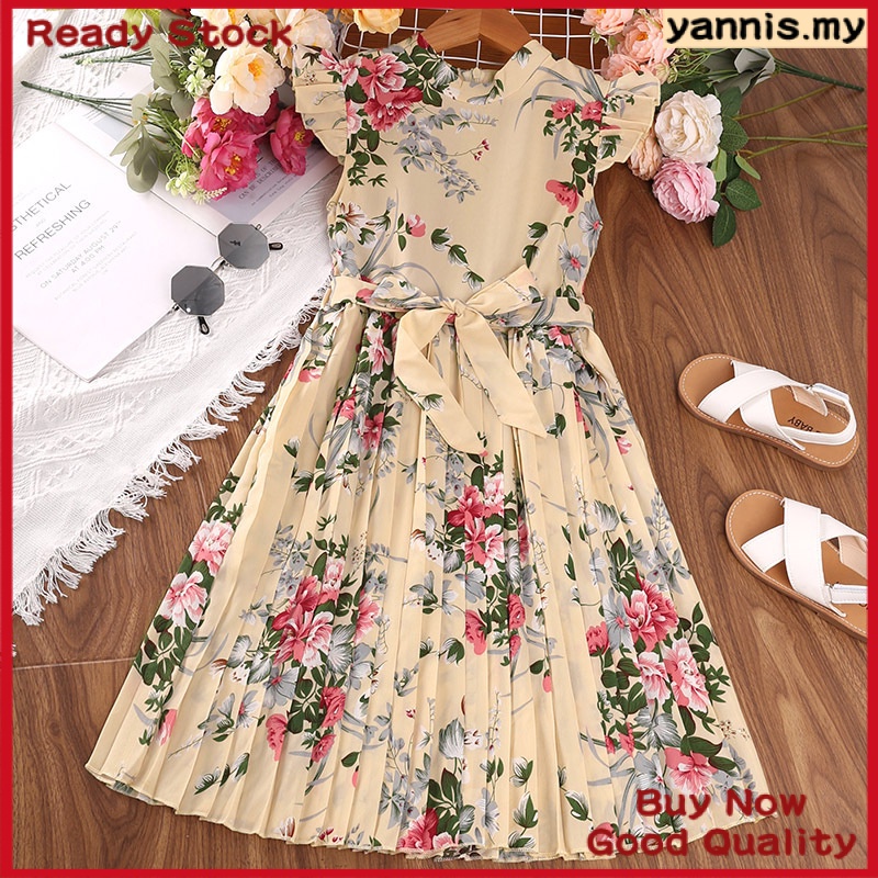 512 Years Old Korean Girl Kids Dress Summer Printed Flower Flying