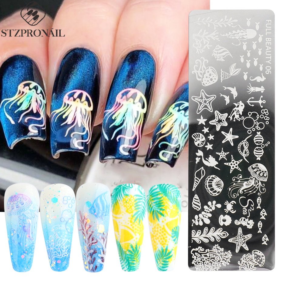 Ocean Animals Nail Stamping Plate Cartoon Marine Printing Stencil Jellyfish Star Leaf Summer Nail Art Stamp Template