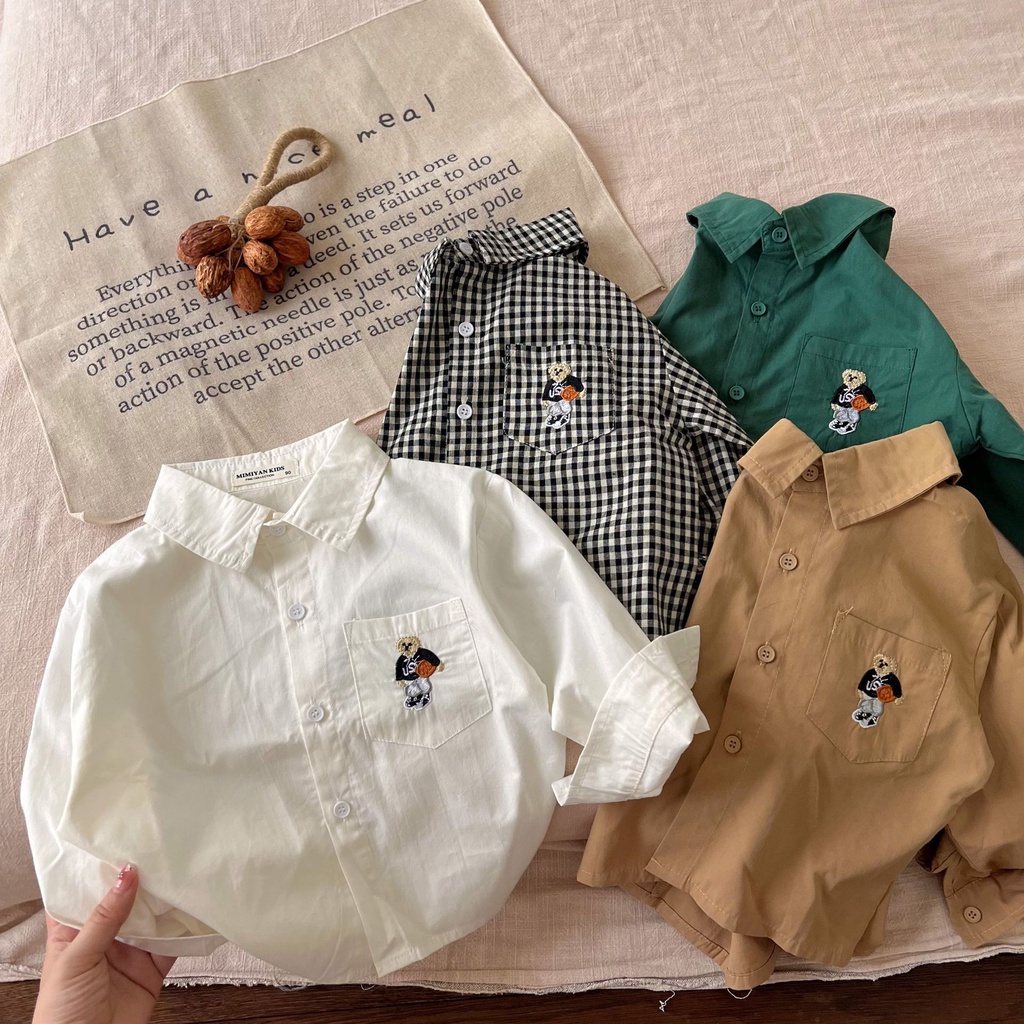 White Shirt New Baju Baby Boy Polo Shirt Baju Budak Lelaki Girls Korean Style Children's Clothes Little Bear Embroidered Long Sleeve Plaid Lapel Blouse