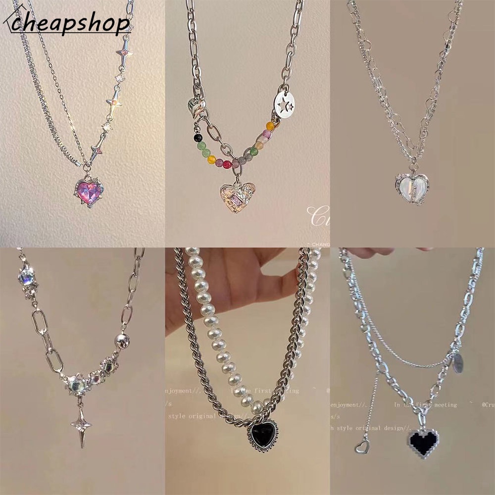 Fashion Love Double Gemstone Necklace for Women Vintage Silver Choker Chain Pendant Jewelry Accessories