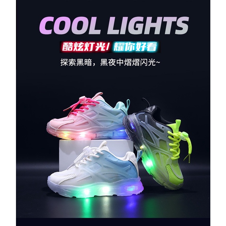 [READY STOCK] 1-10y Unisex Colorful Tone LED Light Breathable Comfortable Light Lampu Sport Shoe (size 21-36)