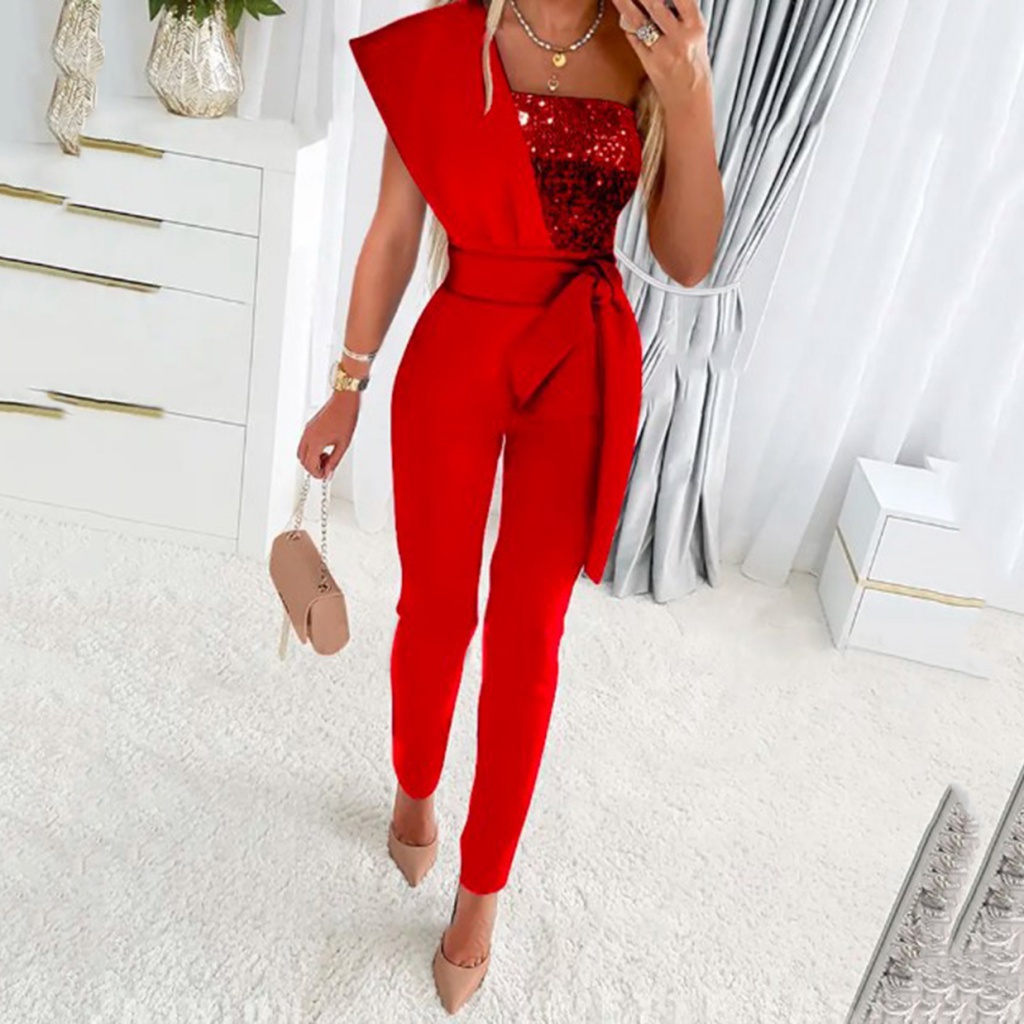 Jumpsuit Women's Solid Color Sleeveless Slim-fit Stitching Sequined Women's Jumpsuit Trousers