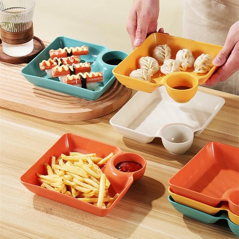 Plastic Divided Snack Serving Plate Reusable Dipping Sauce Tray for