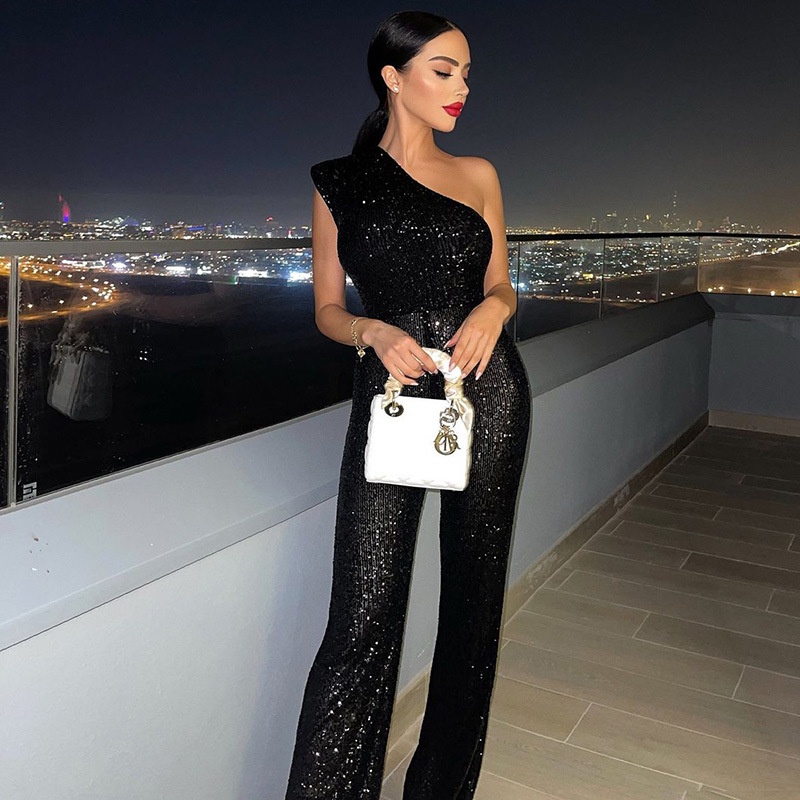Eropah dan amerika syarikat fesyen jumpsuit warna pepejal wanita baru sebelah bahu seluar parti parti sequin