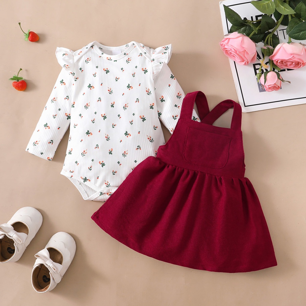 0-18 Months baju Baby Clothes Newborn Baby Girl Clothes Ruffle Flower Long Sleeves Bodysuit Solid Strap Skirt 2PCS Clothing Infant baby raya Baby Girl Casual Outfit