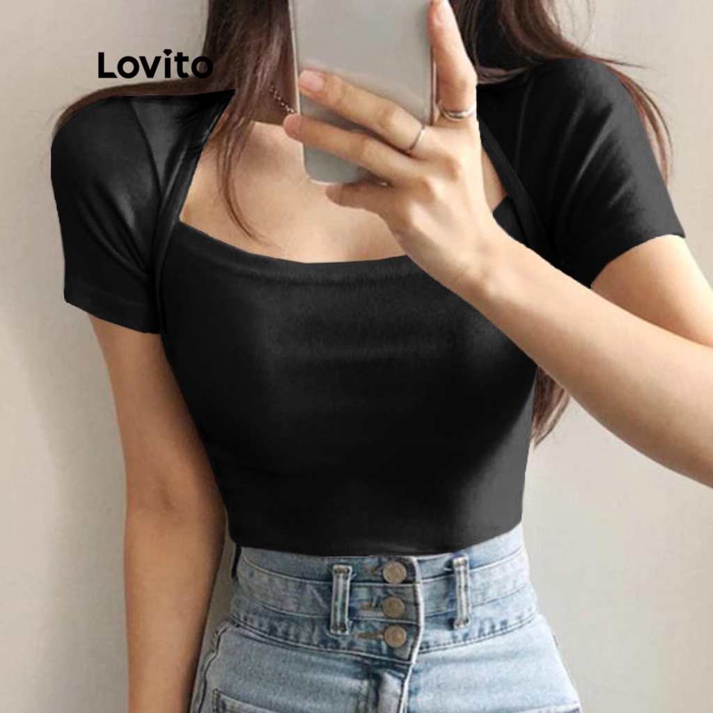 Lovito Casual Plain Basic Square Neck Short Sleeves T-Shirt L45ED008 (Black)