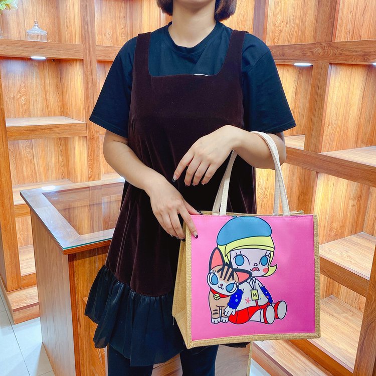 Cute Anime Cartoon Cotton Hemp Handbag Fashion Small Bag Personalized Creativity Canvas Bag Leisure Travel Girl Shoulder Bag Magnetic Snap Closed Commuter Bag Large Capacity Work Lunch Snack Bag