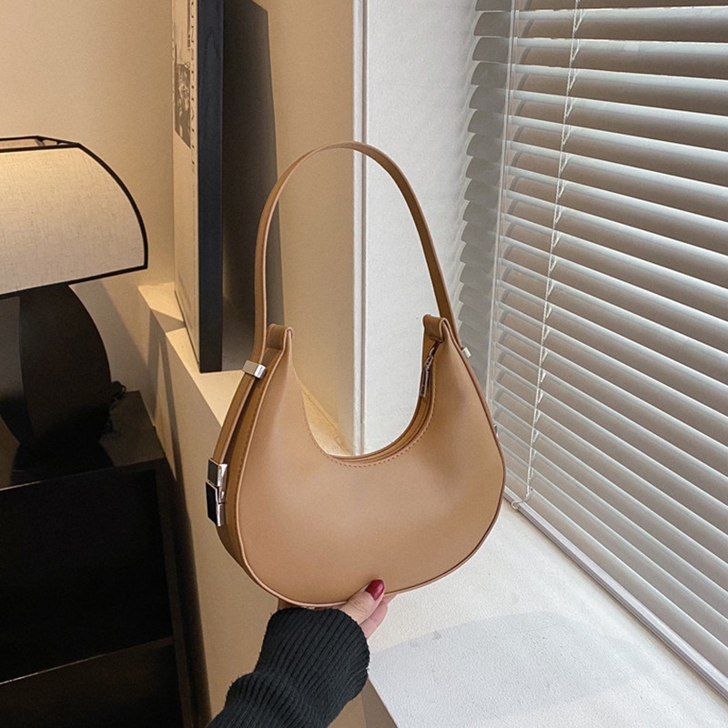 Women Solid Color Crescent-shaped PU Leather Shoulder Undearm Bag Vintage Half-moon Hobo Bag