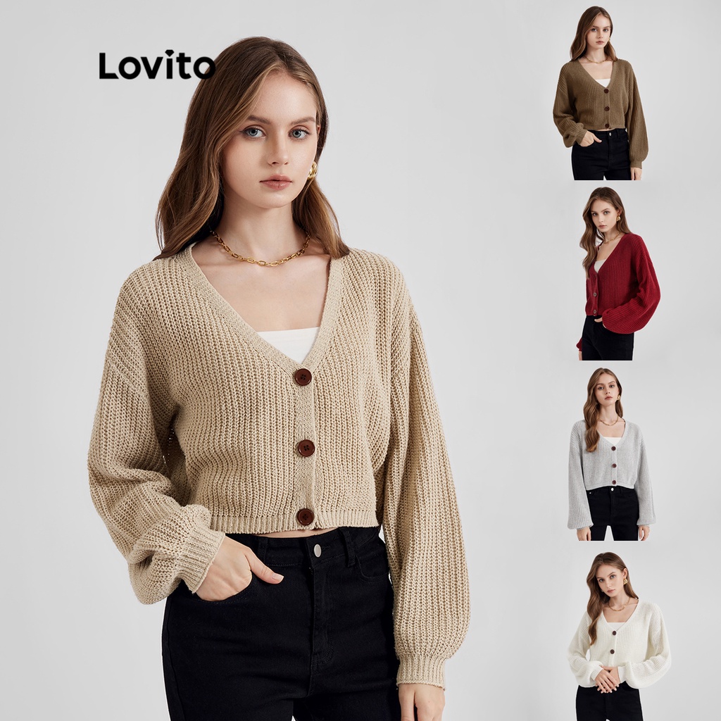 Lovito Women Casual Cardigans Plain Long Sleeve Button Sweater Knitted Cardigan L21LT091 (Khaki/White)