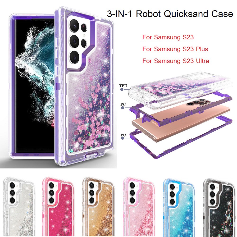 Samsung S23 Ultra S22+ 3-In-1 Robotic Flash Liquid Quicksand Armor Hard Case for Samsung S23/S23 Plus S22 S21 Note 20 Ultra Dust-proof and Shock-proof Phone Case Covers