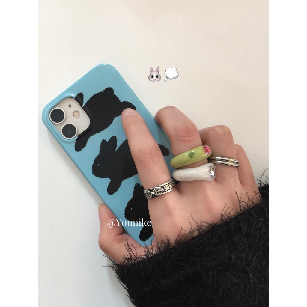 Korean Niche Sky Blue Vintage Chic Solid Color Rabbit Cute Film Suitable For 13pro/14promax/11/12/14 Phone Case Protective Hard