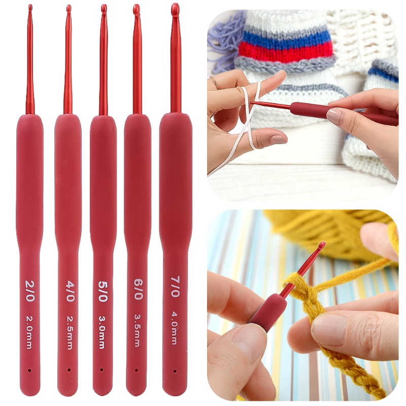 2/3/4/5/6mm Red Aluminum Crochets Silicone Handle Sweater Hook Needle Hat Glove Scarf Weaving Crochet Handmade Doll Flower Braiding Needles Yarn Crafts Knitting Tools