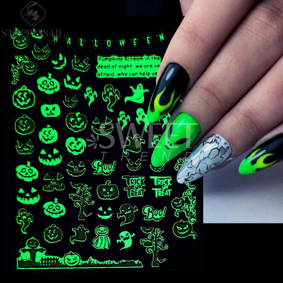 Halloween Nail Stickers Glow in The Dark Spider Web Bone Ghost Luminous Decals Nail Art Decoration