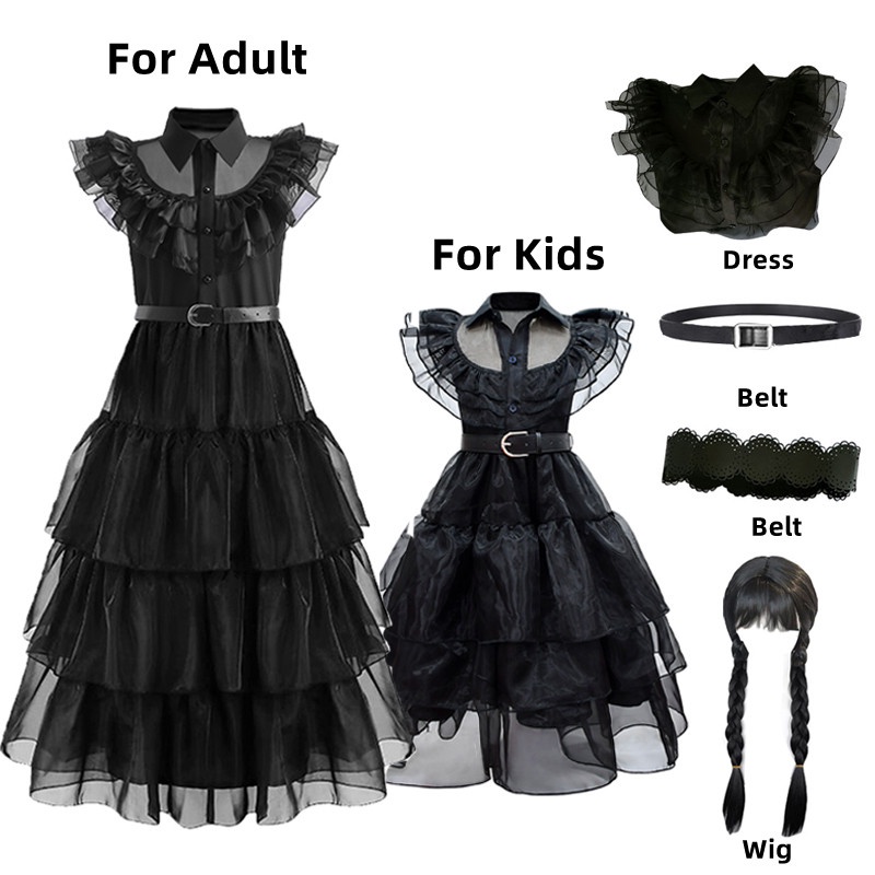 Wednesday Addams Cosplay For Girl Costume 2023 New Vestidos For Kids Girls Baju Raya Party Dresses Carnival Costumes 3-14 Years Old