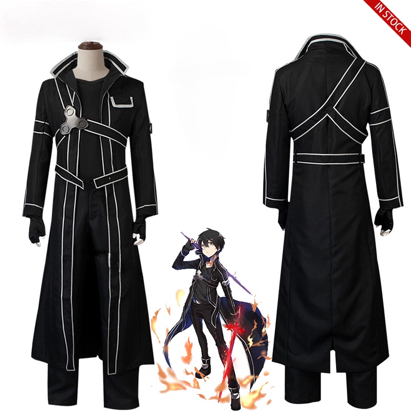 Kirigaya Kazuto Cosplay Costume Wig Sword Art Online SAO Kirito Black Trench Overcoat Pants Belt Gloves Black Short Hair Wig Net