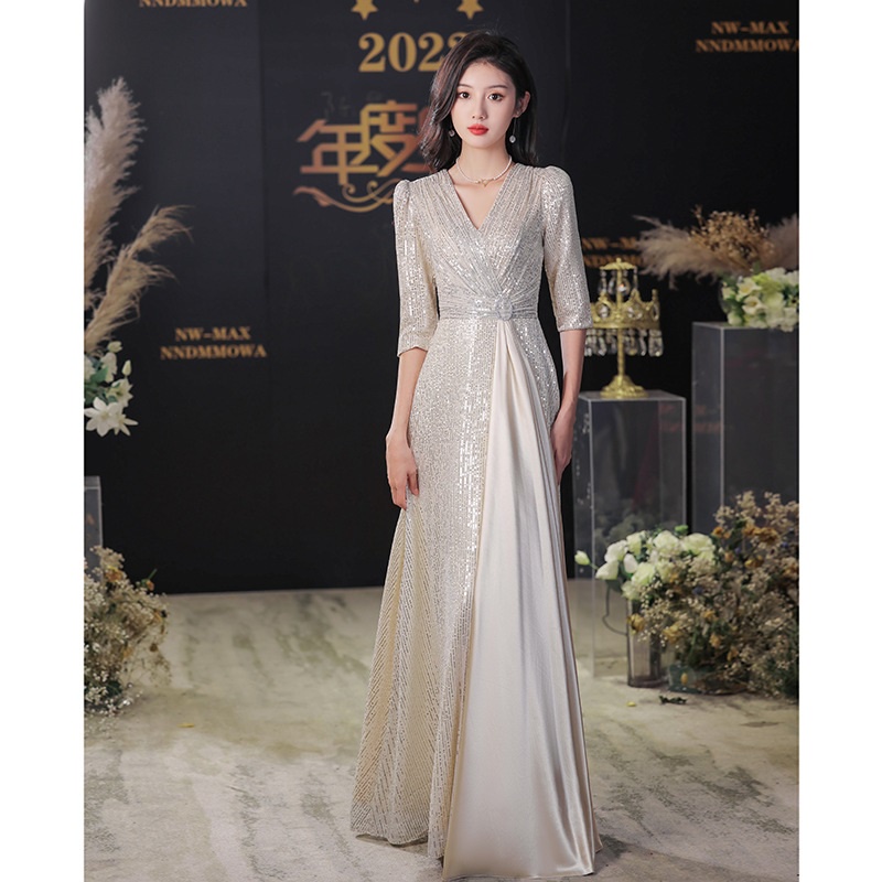 Champagne Golden Sequin Banquet Evening Dress Elegant Mid Sleeve V Neck Slim A-line Dresses Annual Dinner Wedding Gown