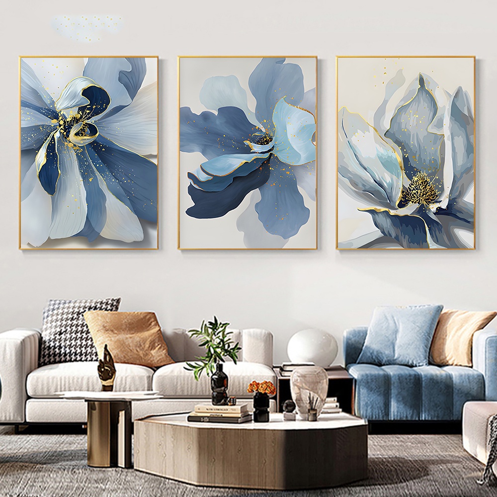 Modern Big Floral Blue Flowers Posters Luxury Abstract Canvas Painting Wall Art Print Pictures Living Room Interior Decor