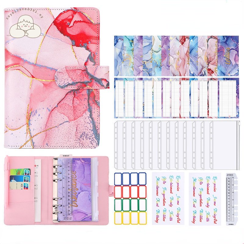 ⭐Dalam stok⭐ berwarna-warni Marmar A6 Binder dengan Sampul Tunai Poket Zip untuk Folder Penyimpanan Wang Belanjawan